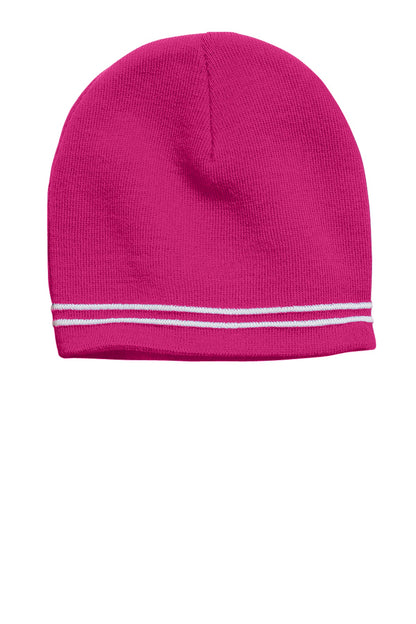 Sport-Tek Spectator Pink White Beanie STC20 OS Striped Acrylic Warm Cozy Comfy