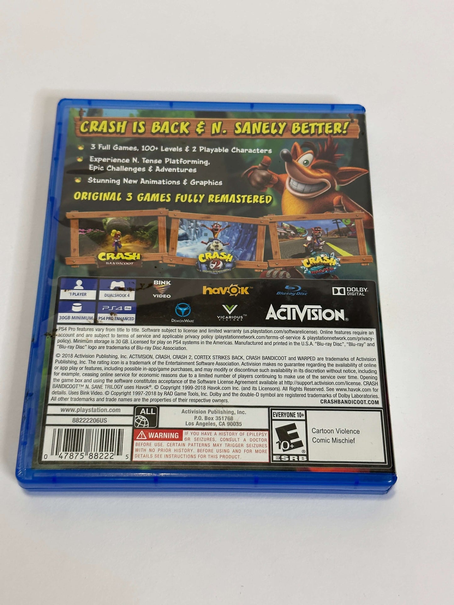 Crash Bandicoot N Sane Trilogy PS4 Box - NO DISC Retro Classic Action Adventure