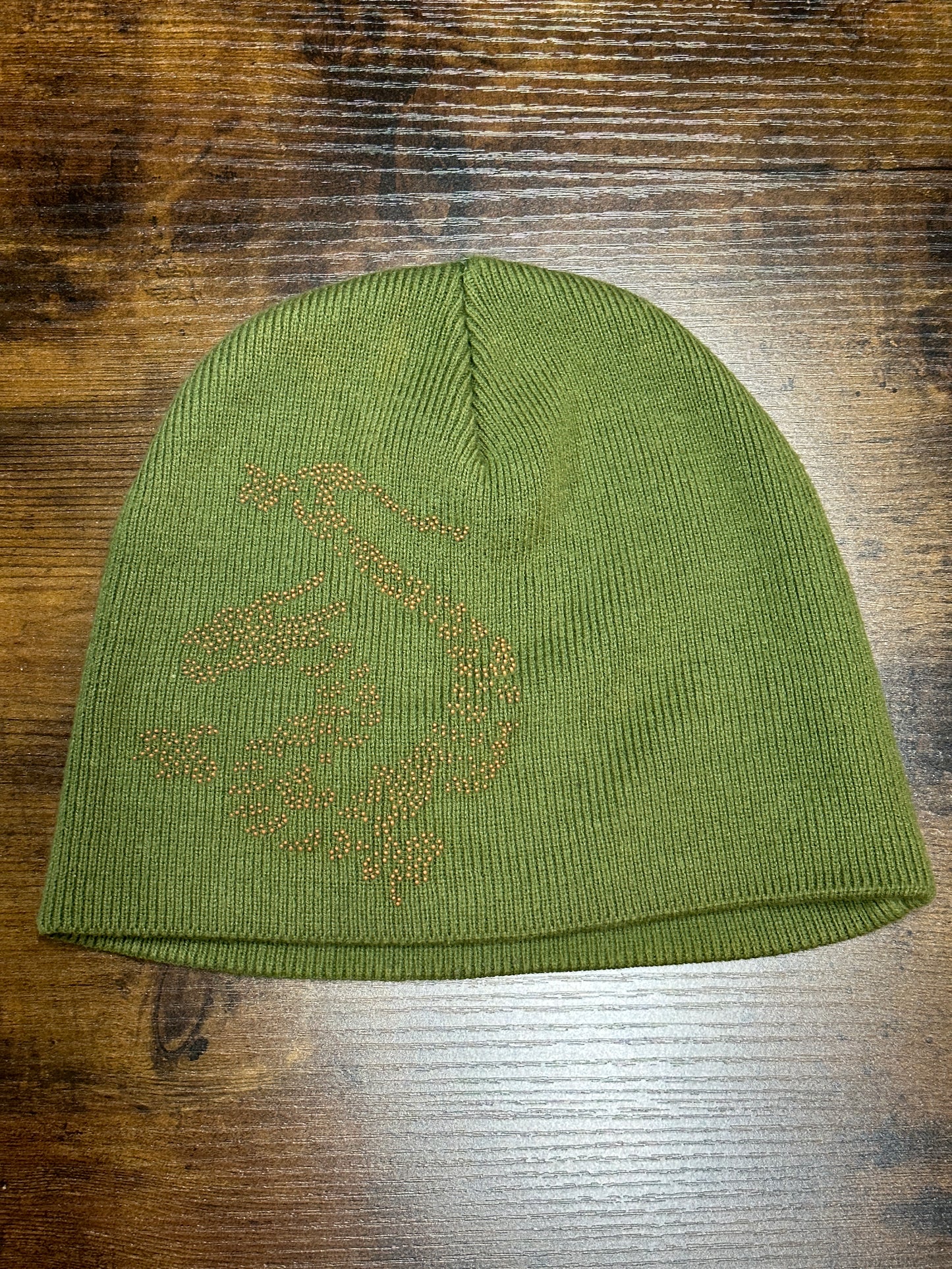 Army Green Beanie w Orange Dragon OS Headwear Hat Cotton Acrylic Warm Cozy Comfy