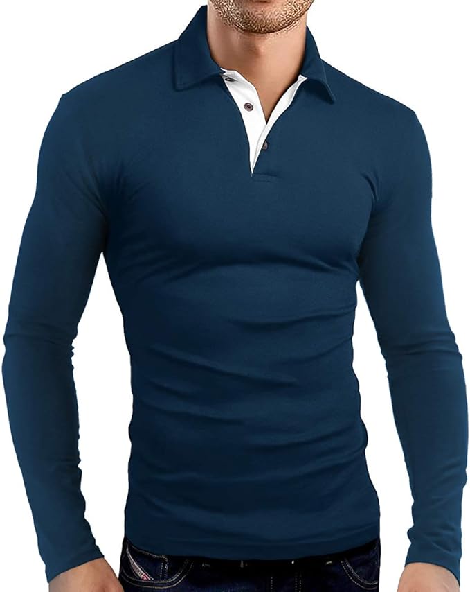 Men's Long Sleeve Polo Shirts KUYIGO Casual Slim Fit Navy Cotton Spandex Blend