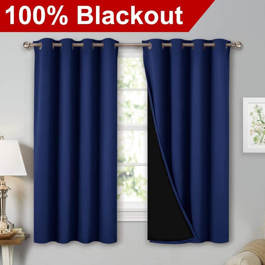 NICETOWN 100% Blackout Curtains with Black Liners, Thermal Insulated 2-Layer Lined Drapes, Energy Efficiency Small Window Draperies for Dining Room (Dark Blue, 2 Panels, 52 inches W by 54 inches L)