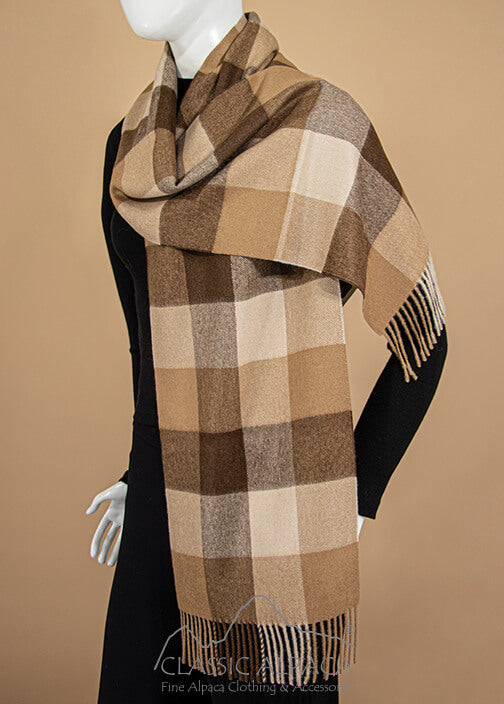 Baby Alpaca Scarf Woven & Brushed 100% in Camel Checkered Grid Wrap Scarves